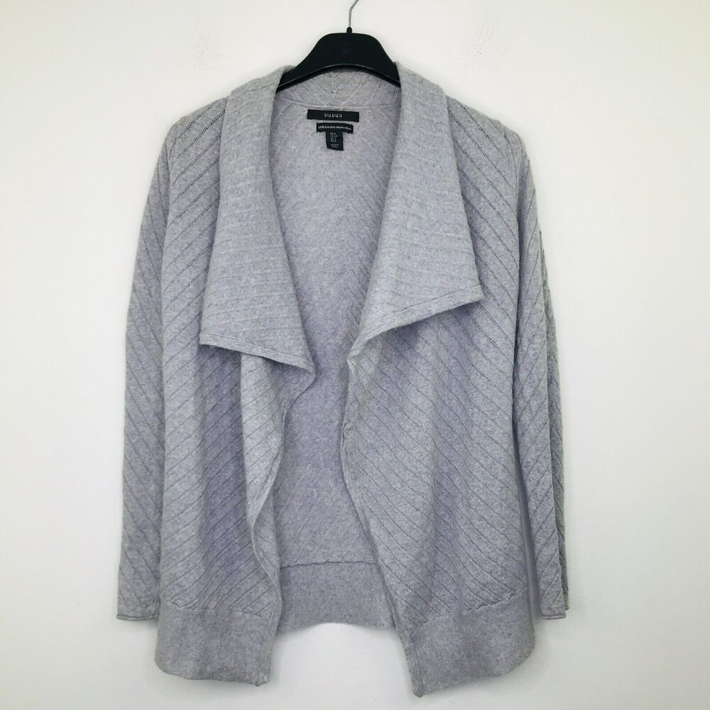 Tahari Women's Small Sweater Gray Merino Wool Open Draped Collar Cardigan BJ30